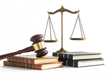 A wooden gavel rests on stacked law books beside a brass balance scale representing legal justice and courtroom proceedings. Generative AI