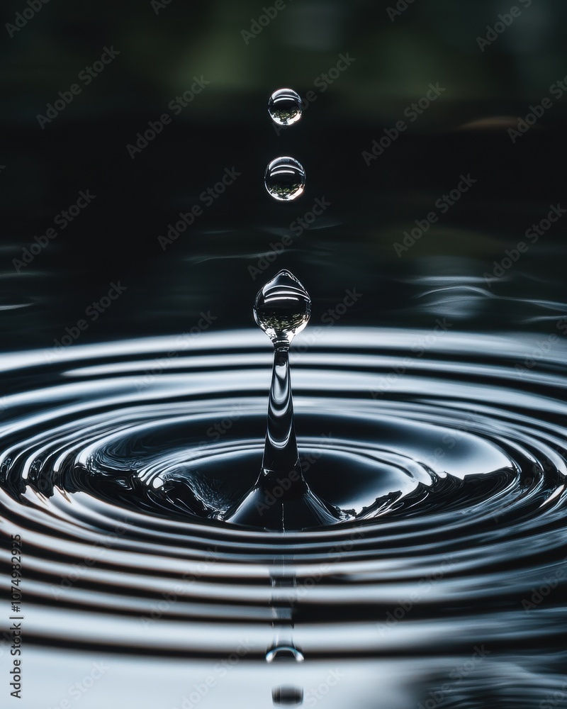 Poster a stunning macro capture of a water droplet splashing in dark surroundings during daytime, showcasin