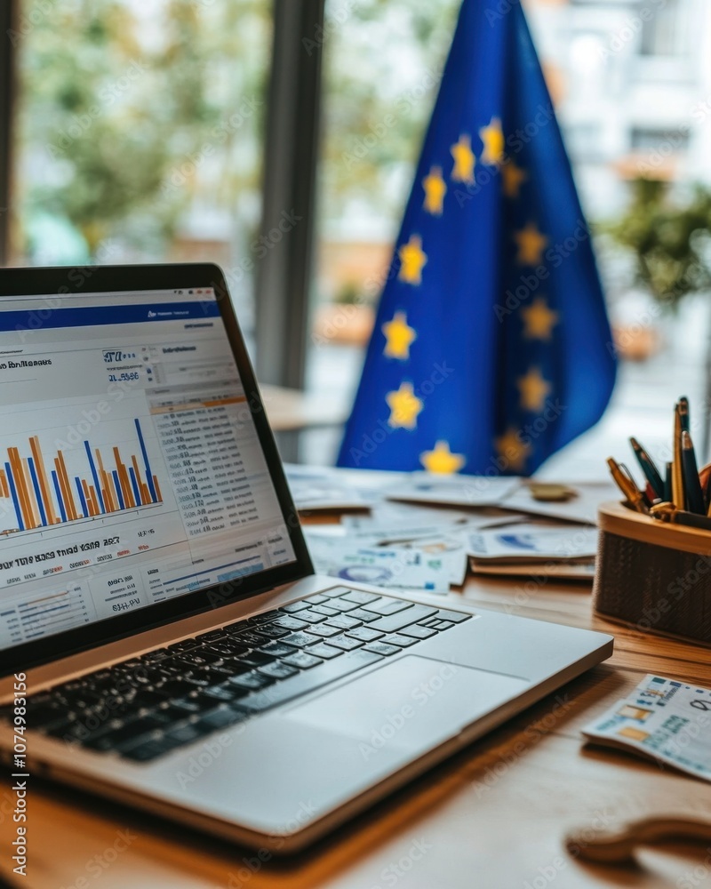 Aufkleber a financial analyst's desk displaying performance charts on a laptop near a european union flag duri