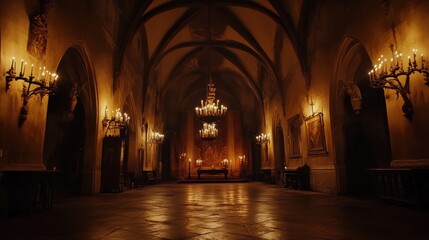 Obraz premium A historic grand hall inside Dracula's castle featuring high ceilings and flickering candlelight at dusk