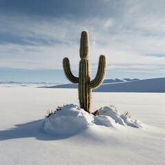 A lone cactus thriving in the middle of a vast, desolate snow-covered landscape