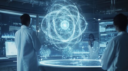 Futuristic digital laboratory featuring scientists analyzing a holographic atom interface with advanced technology tools