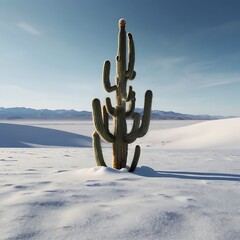 A lone cactus thriving in the middle of a vast, desolate snow-covered landscape