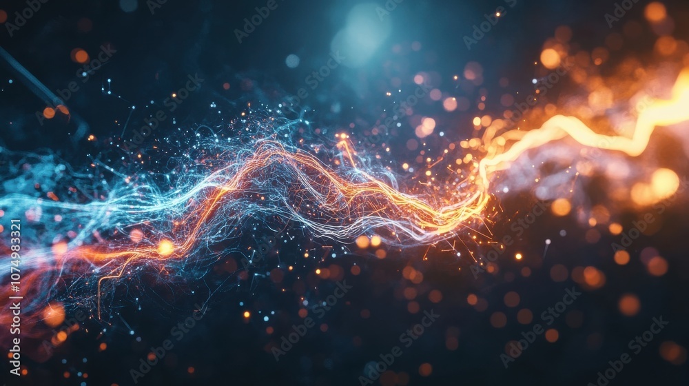 Poster a vibrant artistic representation of dynamic electrons swirling through a cosmic space at the peak o