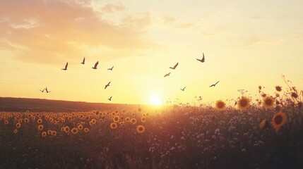 Obraz premium A tranquil sunset casts a golden glow over a field of blooming sunflowers and birds soaring across the horizon