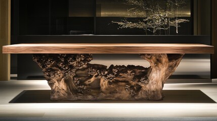 Exquisite Handcrafted Wooden Table Featuring a Naturalistic Base with Intricate Carvings, Showcasing Unique Wood Grain and Artistic Design in Modern Interior Setting
