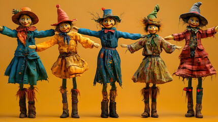 Vibrant and colorful scarecrows standing in a row, showcasing playful designs and unique styles against a bright backdrop.