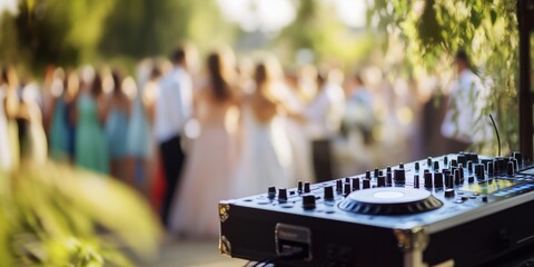 DJ equipment at outdoor wedding reception, guests dancing in background