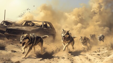 Naklejka premium Pack of wolves running fiercely in desert with abandoned cars in background