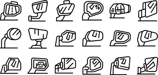 Side rear view mirror icons set. Set of simple outlined icons of car and motorcycle rearview and side mirrors, reflecting road, blind spots and warning signs