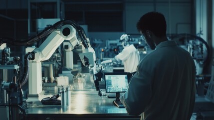 Fototapeta premium A man is working on a robot in a factory