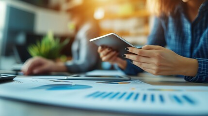 Close-up of woman holding tablet in modern office environment, concept of digital business