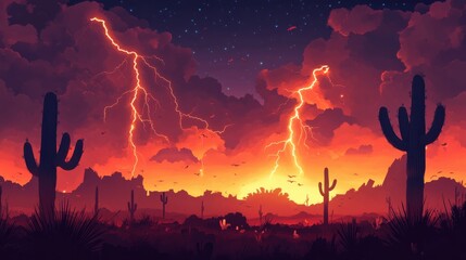 A dramatic lightning storm illuminates the desert landscape at dusk, showcasing the power of nature over the horizon with cacti silhouettes