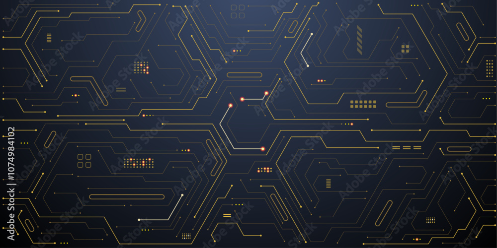 Aufkleber Abstract technology background. Gold circuit lines and connected dots on dark tech bg. Futuristic electronics concept. AI chip or semiconductor on a computer motherboard. Digital vector illustration.
