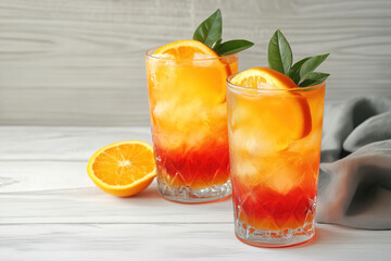 Fototapeta premium Refreshing citrus drinks garnished with orange slices and leaves placed on a wooden surface with a soft cloth nearby. Generative AI