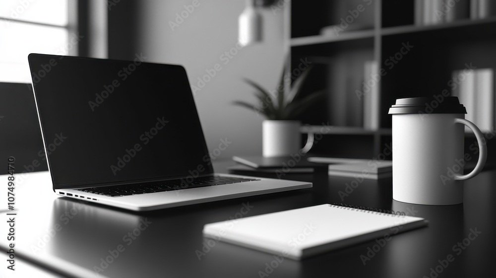 Poster a modern office desk setup with a laptop, coffee, and a notepad in a bright workspace during dayligh