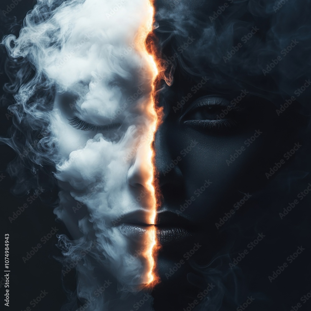 Poster a dramatic close-up of a human face split in half showcasing contrasting light and shadow effects wi