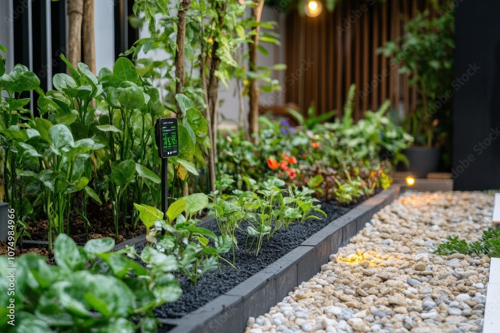Poster this smart garden showcases lush greenery with automated sprinklers and soil sensors, enhancing plan