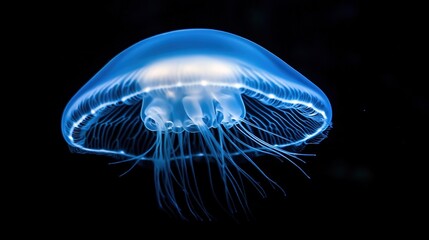 Close-up of a translucent comb jelly pulsating gracefully in dark water, showcasing the mesmerizing bioluminescence and delicate marine life.