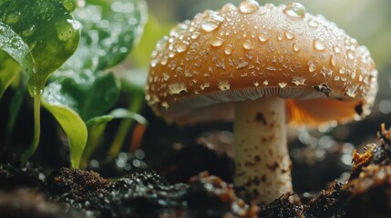 A close-up view of a dew-covered mushroom growing in a vibrant garden during early morning light