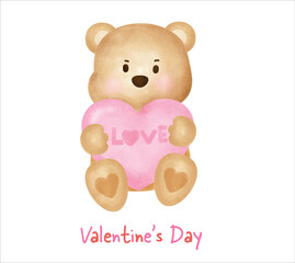 Valentine's day with cute teddy bear in watercolor style for greeting card .