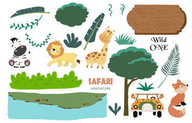 Set of safari object element with animal, car and tree © piixypeach