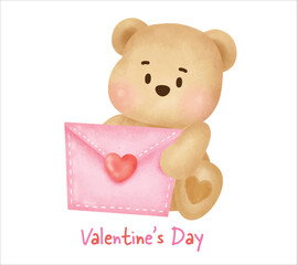 Valentine's day with cute teddy bear in watercolor style for greeting card .