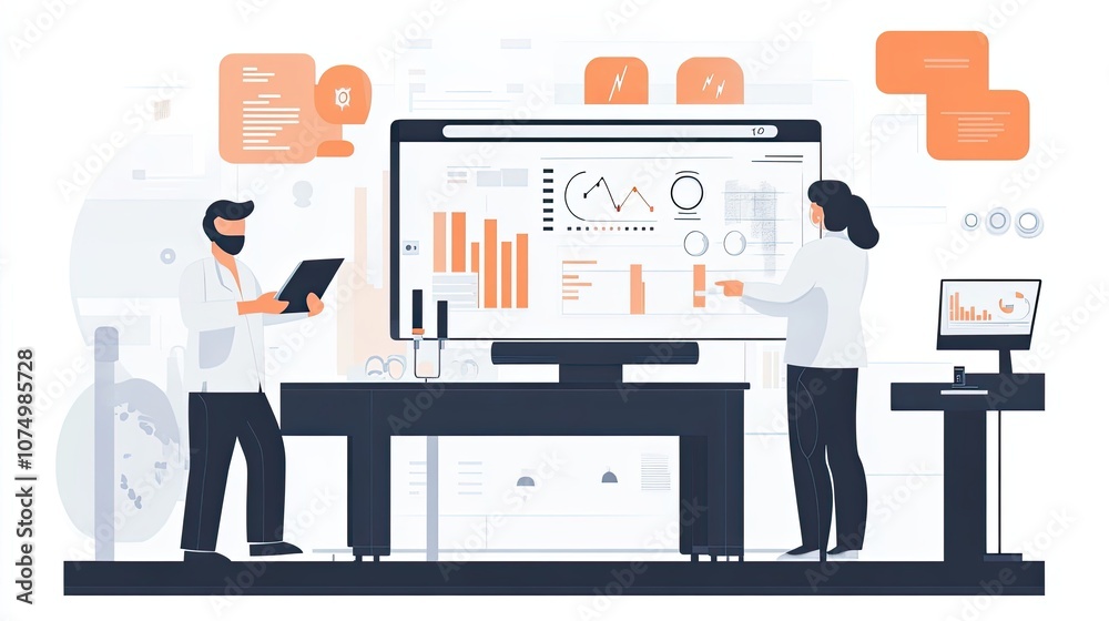 Poster two scientists analyzing data on a large screen in a laboratory setting