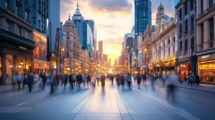 Fototapeta premium Busy city street at dusk with people walking and vibrant lights illuminating the buildings in a metropolitan area