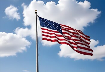 Obraz premium A large American flag waving against a cloudy blue sky