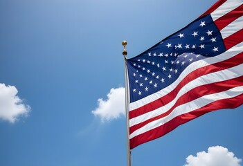 Fototapeta premium A large American flag waving against a cloudy blue sky