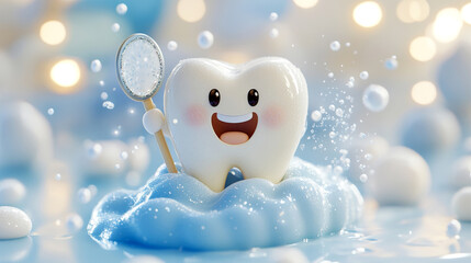 Obraz premium Cheerful cartoon tooth character surrounded by sparkling foam, holding a dental mirror, symbolizing cleanliness and oral care on a bright background