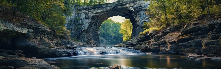 Experience the stunning natural rock arch and serene waters at Natural Bridge under a golden sunrise in Virginia