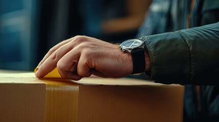 Close-Up of a Man's Hand Sealing a Cardboard Box with Tape