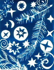 Graphic illustration in cyanotype style. Stars and snowflakes among plant branches.