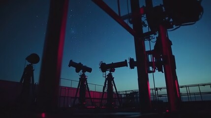 Telescope array at night, capturing the vastness of the cosmos, symbolizing human curiosity and the pursuit of knowledge beyond earthly boundaries.