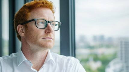 Handsome 45 years old gentle caucasian ginger red hair man wearing glasses looking out the window. He is wearing a white shirt.