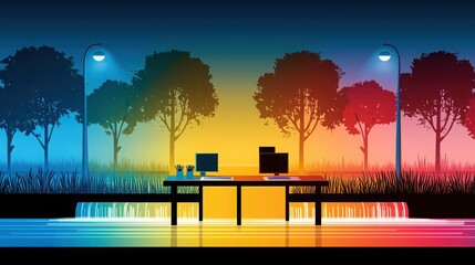 A harmonious blend of technology and nature creates a balanced workspace with vibrant colors, flowing water, and calming gradients. 
