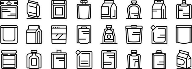 Doypack icons set. Set of sachet and doypack icons representing various packaging options for food, liquids, and other products