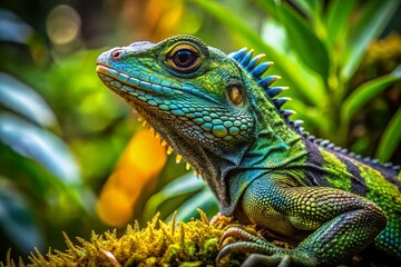 Fototapeta premium A Brazilian lizard basks, side profile highlighting its scales against a panoramic backdrop.