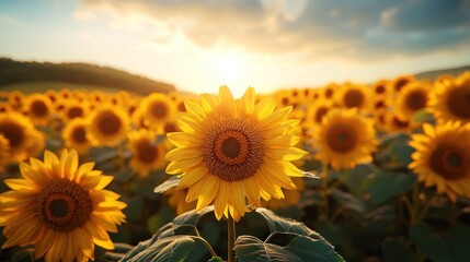 Fototapeta premium Golden Sunflower Field at Sunset