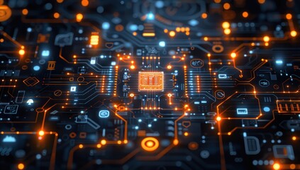 Obraz premium Circuit Board with Glowing Lines and Central Processor