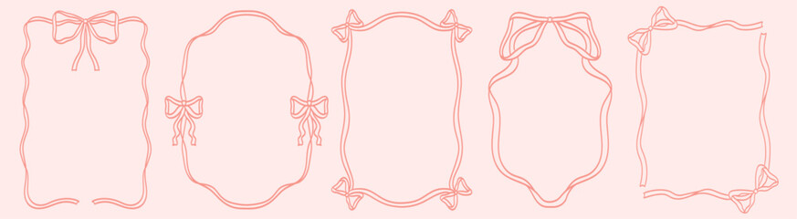 Whimsical ribbon frames with bows on pink background. Hand Drawn borders for wedding invitation, holiday greetings, birthday card, menu design and other decorations. Line art in doodle style.