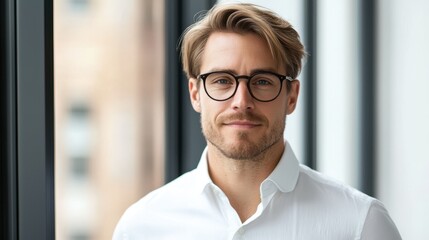 Handsome 35 years old gentle blond hair caucasian man wearing glasses and a white shirt is smiling for the camera. Concept of confidence and positivity