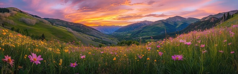 Fototapeta premium Explore the breathtaking beauty of Vail Valley with vibrant wildflowers at sunset amidst stunning mountainous scenery