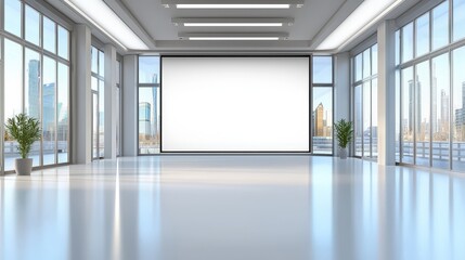 An empty photo studio with a large white backdrop, ready for a model shoot. Softbox lights illuminate the scene, creating a clean atmosphere.