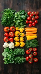 An overhead shot of an assortment of fresh organic vegetables and herbs laid out on a rustic wooden table.