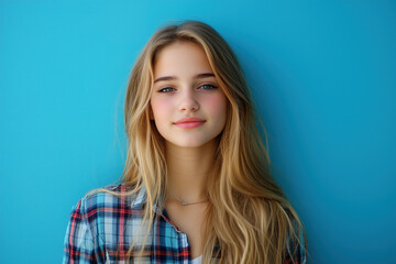 Fototapeta premium A young woman with long hair standing against a bright blue wall during daylight, smiling softly and exuding a relaxed vibe. Generative AI