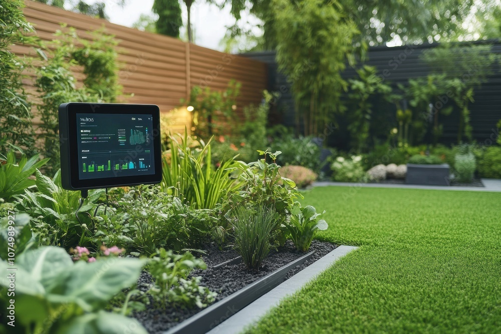 Poster This lush garden showcases smart technology with automated sprinklers and soil sensors enhancing the growth of various plants. Generative AI
