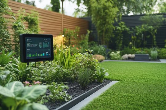 This lush garden showcases smart technology with automated sprinklers and soil sensors enhancing the growth of various plants. Generative AI